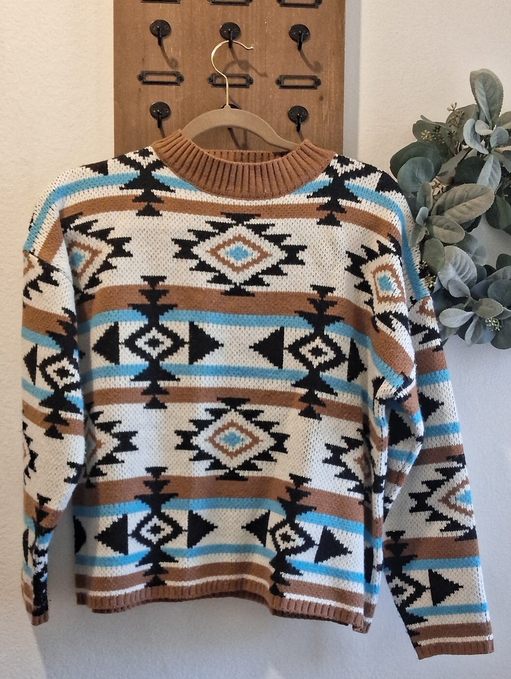 Savanna Jane Aztec Knit Crewneck Sweater in Cream, Brown & Blue